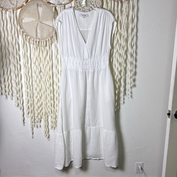 Joe's White Gauze Maxi Dress Smocked Waist Cap Sleeve Pockets Size Large - Picture 6 of 11